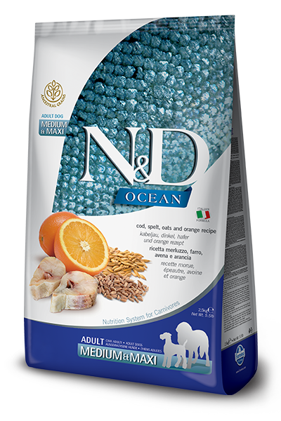N&D Ocean Adult Medium Merluzzo,Farro, Avena e Arancia 12kg